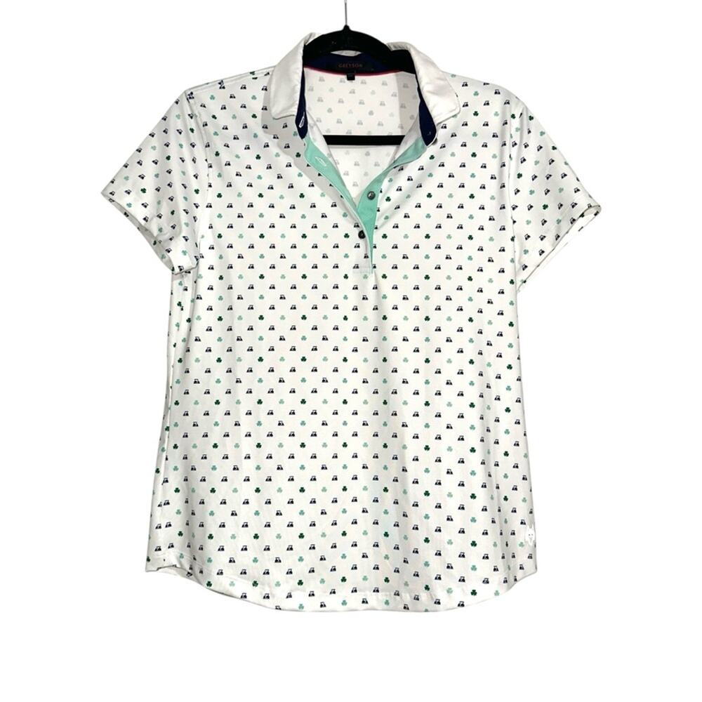 Greyson White Golf Cart Clover Shamrock Short Sleeve Golf Polo MEDIUM